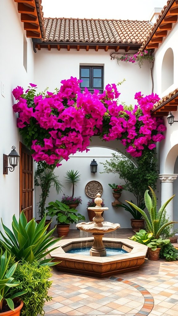 A beautiful courtyard with a fountain surrounded by vibrant pink bougainvillea and lush greenery.