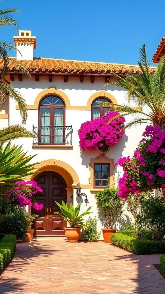 A Spanish Mediterranean home featuring arched windows, a terracotta roof, and vibrant bougainvillea.