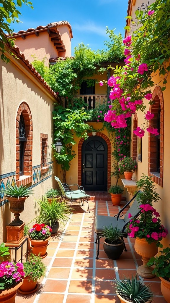 A picturesque Mediterranean courtyard filled with vibrant flowers and greenery, showcasing the charm of Spanish architecture.