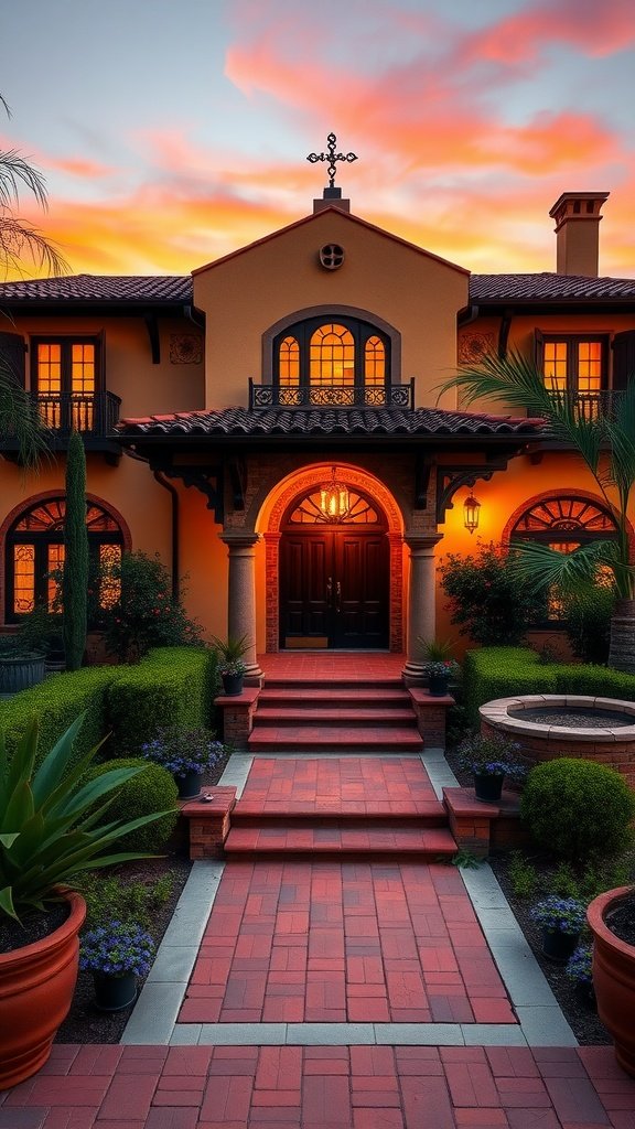 A beautiful Spanish house with a glowing entrance and colorful sunset sky.