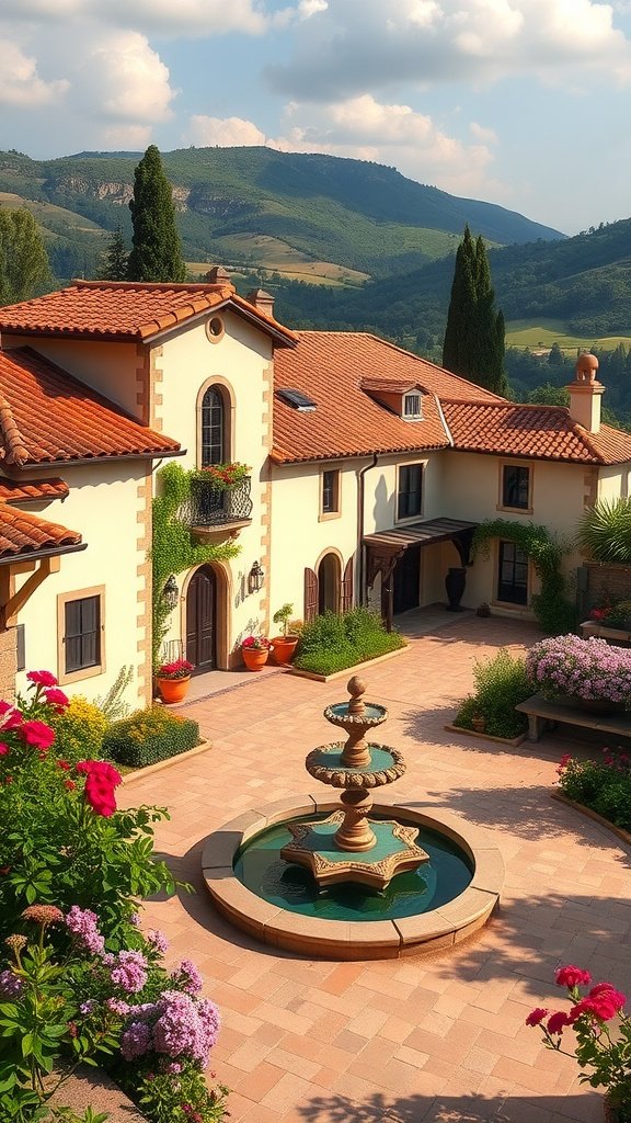A picturesque Spanish villa with a fountain and vibrant flowers in the courtyard, set against rolling hills.