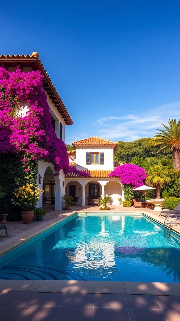 A beautiful Spanish villa with vibrant bougainvillea and a refreshing pool