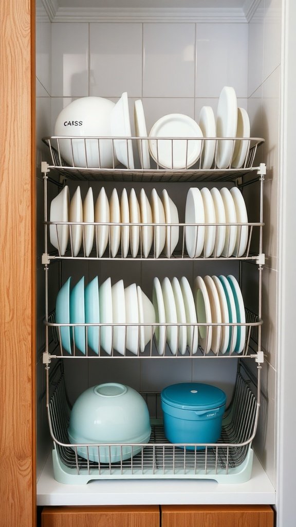 Stackable dish racks with plates and bowls organized neatly in a tiny kitchen.