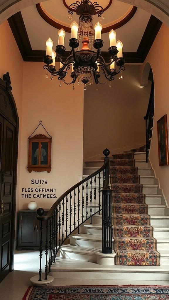 A beautifully designed staircase featuring a dramatic chandelier, intricate patterned carpet, and elegant decor.