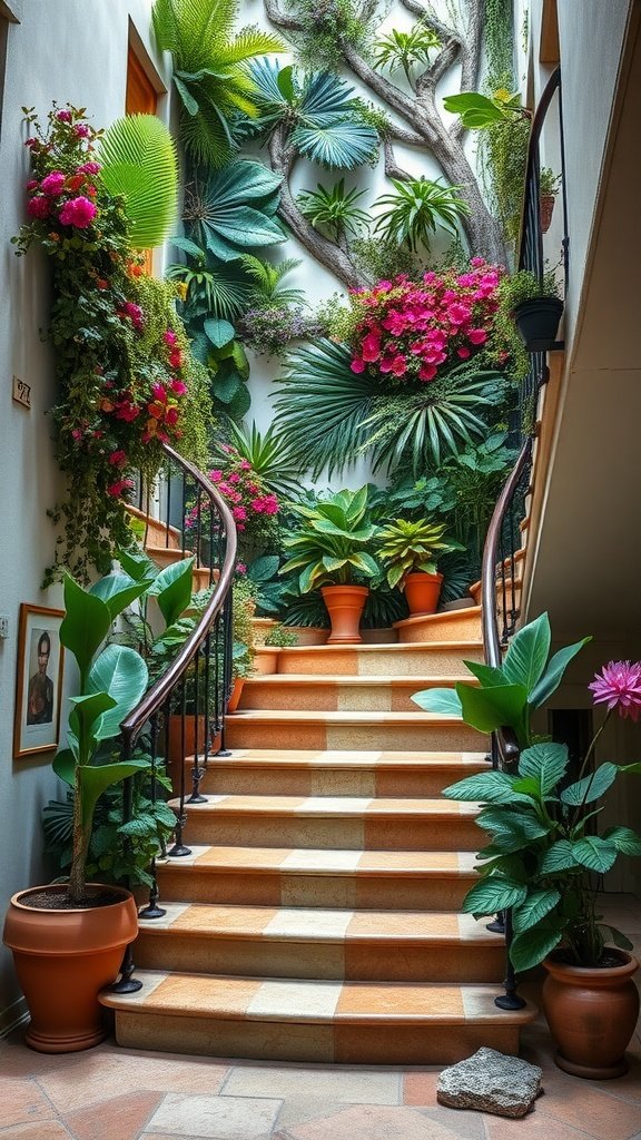 A staircase adorned with lush plants and colorful flowers creating a botanical wall art effect.