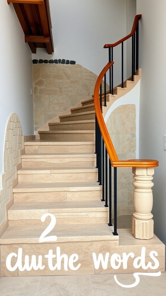 A staircase featuring natural stone steps and a wooden railing, creating a warm and inviting atmosphere.