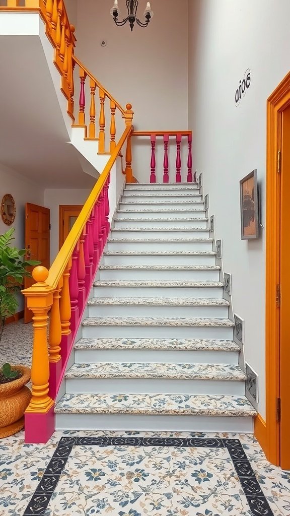 Colorful staircase with terrazzo flooring and bright railings