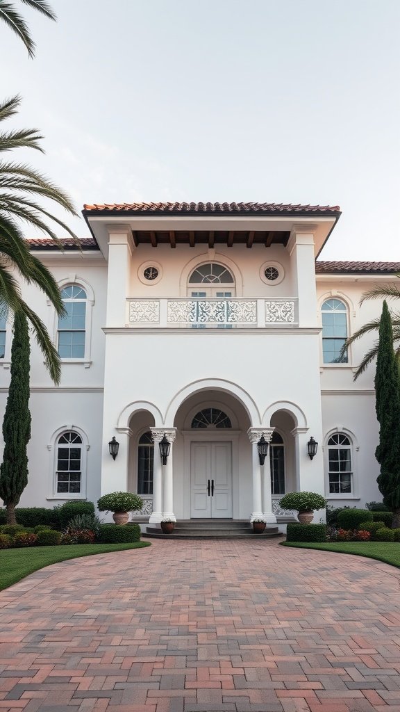 A stately Mediterranean Revival home with a white exterior, terracotta roof, and decorative balcony, surrounded by palm trees and manicured landscaping.