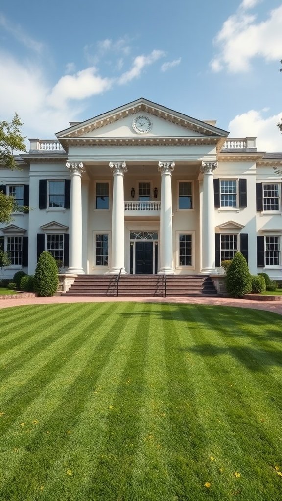 A grand neoclassical house with columns and a manicured lawn