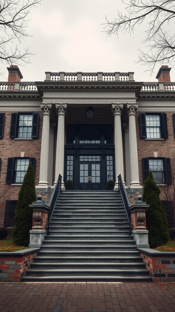 A grand stone mansion with columns and a staircase leading to the entrance.