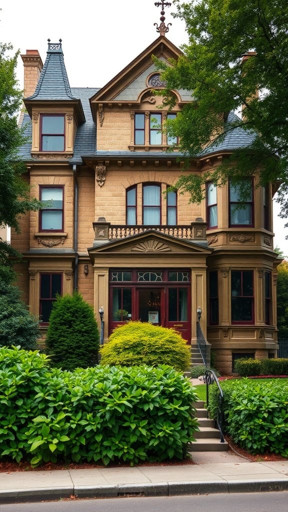 A stately Victorian stone home with intricate design, tall windows, and lush greenery.
