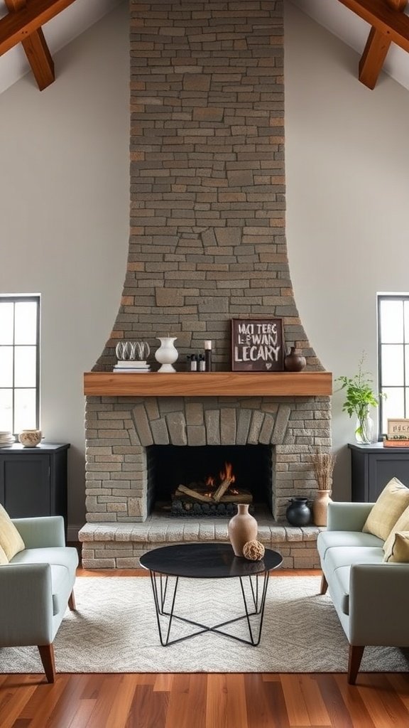 Modern barn house interior with a large stone fireplace, wooden mantel, and cozy seating arrangement.