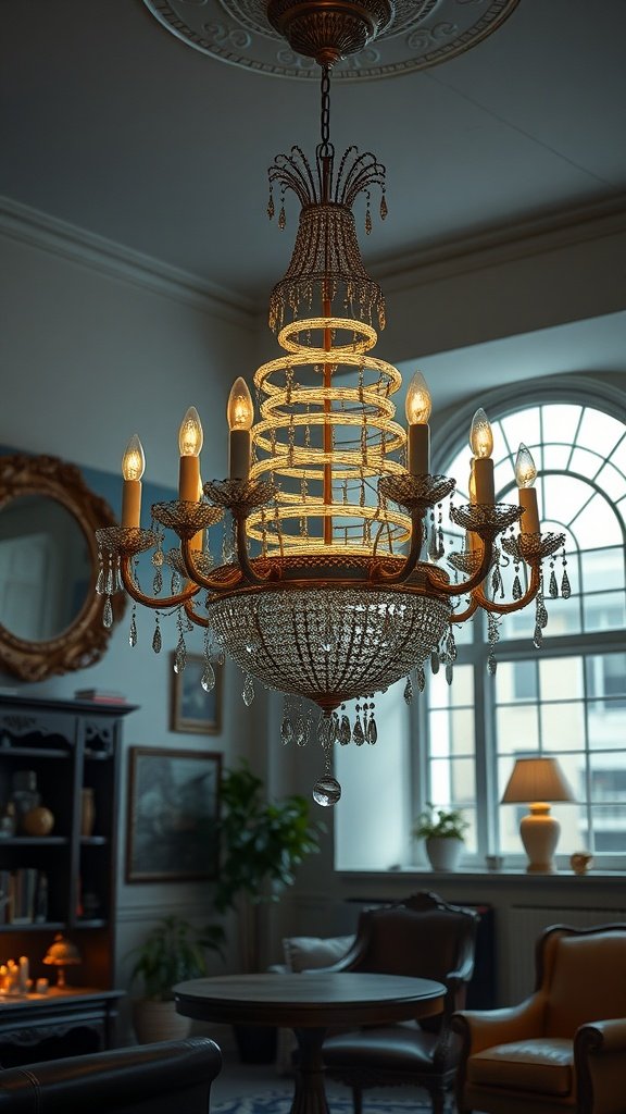 A beautiful chandelier with crystal accents and warm light bulbs in a stylish living space.
