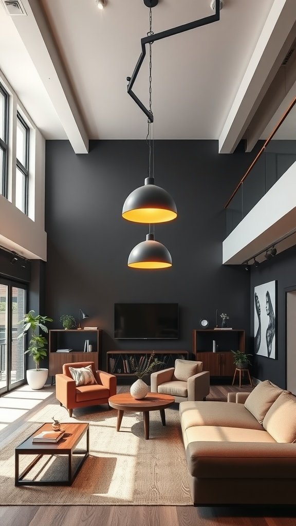 A modern loft living room featuring statement lighting fixtures, showcasing a warm and inviting atmosphere.