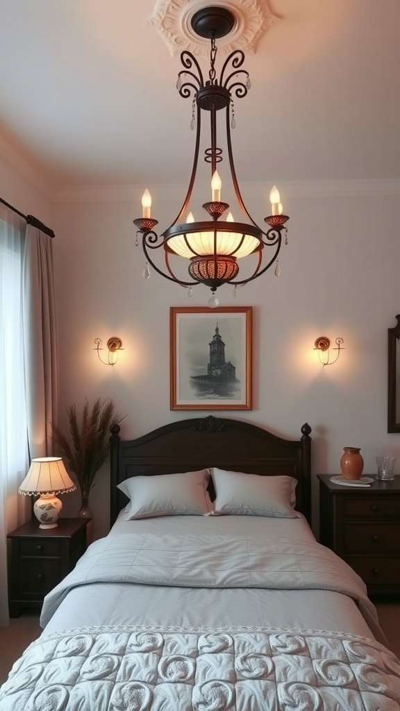 A cozy Spanish bedroom featuring a decorative chandelier and warm lighting.