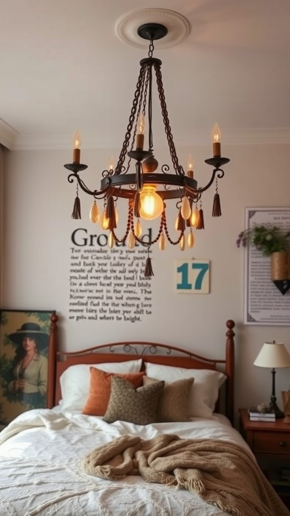 A bohemian style bedroom featuring a unique chandelier with warm lighting.