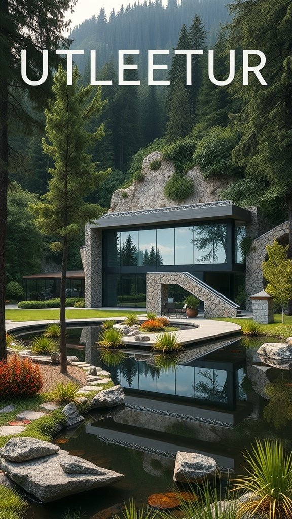 A stone and glass retreat surrounded by greenery, featuring a pond and landscaped garden.
