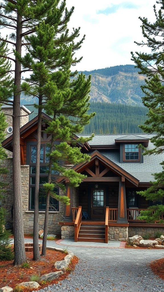 A rustic mountain house with a stone and reclaimed wood facade, surrounded by pine trees and mountains.