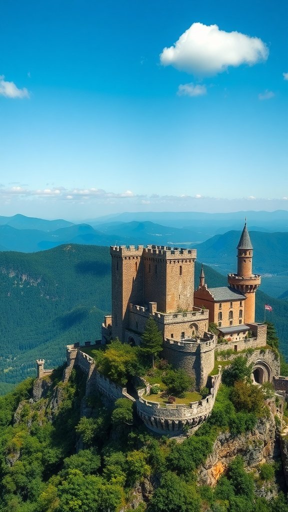 A stone castle situated on a rocky peak with mountains in the background and a clear blue sky.