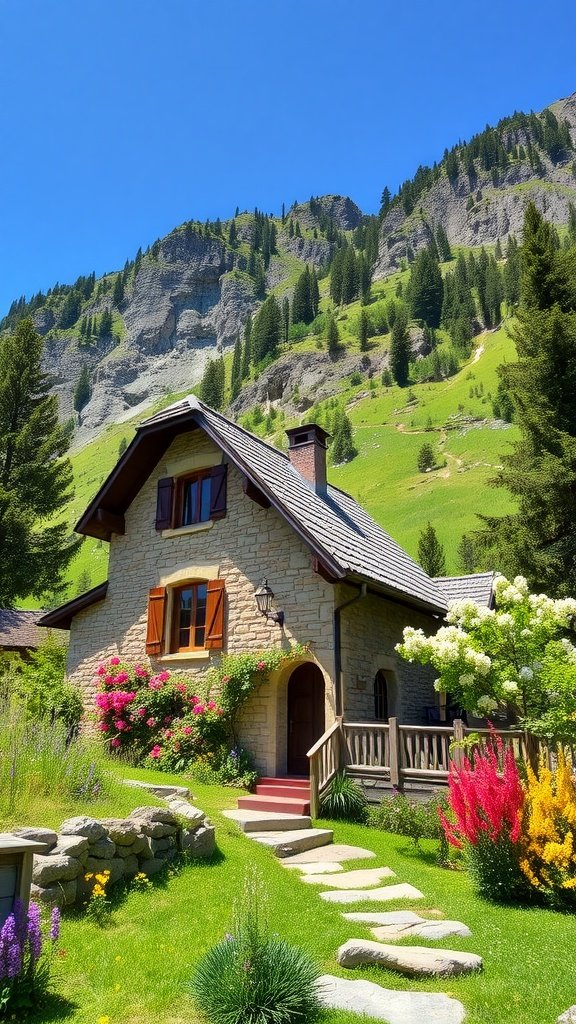 A charming stone cottage surrounded by colorful flowers and mountains.