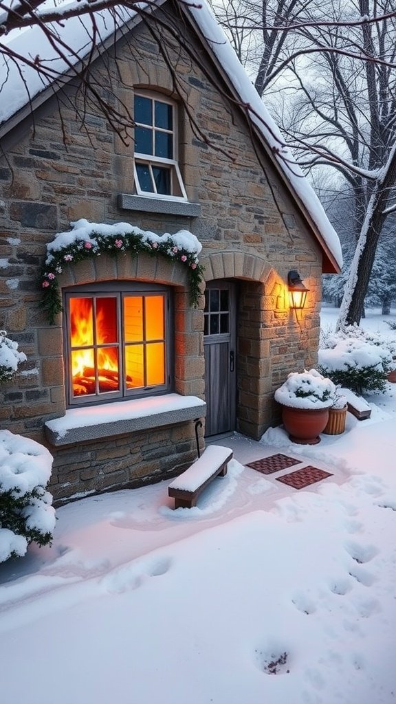 A cozy stone cottage in winter, showcasing a glowing fireplace through the window, surrounded by snow and festive decor.