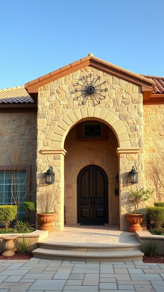 A beautiful stone facade of a Spanish-style house showcasing natural textures with an inviting entrance.