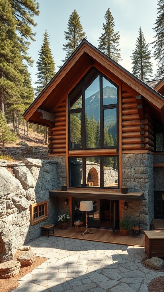 A rustic mountain house made of stone and wood, surrounded by tall trees and mountains.