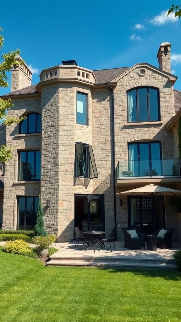 A beautiful stone manor featuring modern architectural elements, large windows, and a lush green lawn.