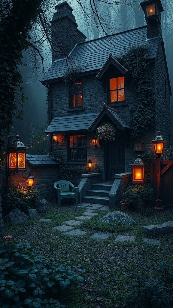 A charming stone cottage surrounded by greenery and lit lanterns in a forest setting.