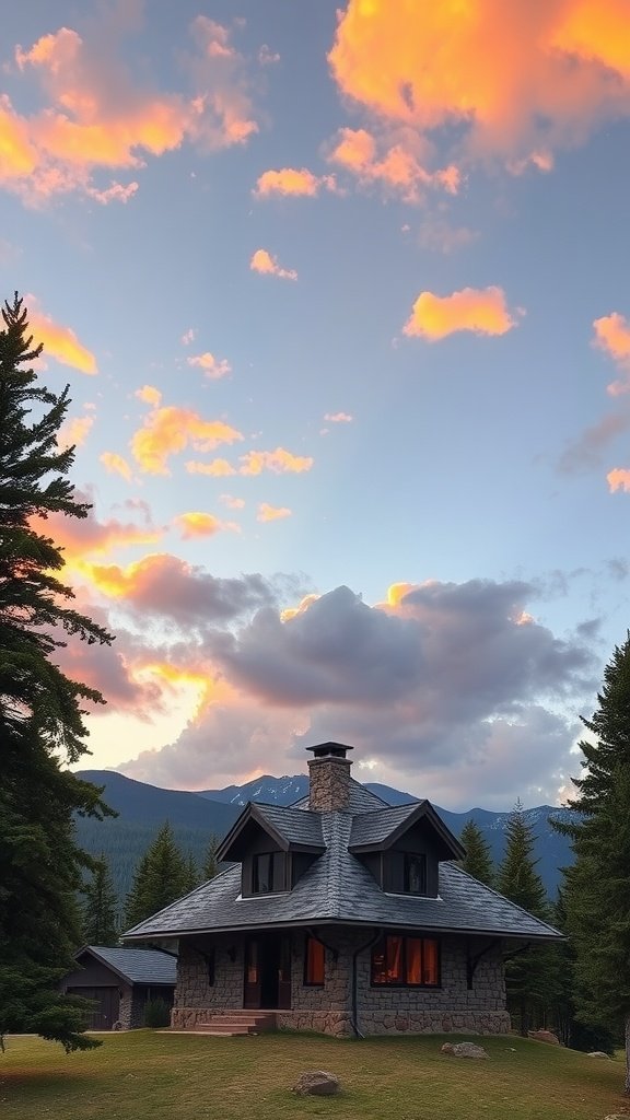 A rustic stone mountain house with a sunset sky and surrounding trees.