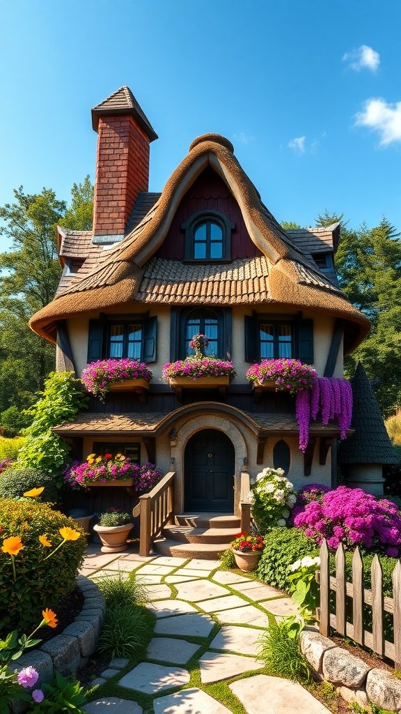 A storybook cottage with a grassy roof and colorful flower boxes, surrounded by a lush garden and a winding stone path.