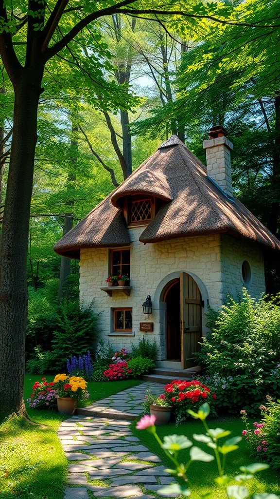 A charming stone cottage with a thatched roof surrounded by lush greenery and colorful flowers