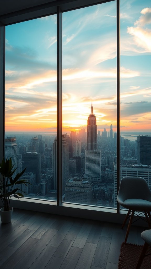 A modern loft apartment with large windows showcasing a vibrant city skyline at sunset, featuring the Empire State Building.