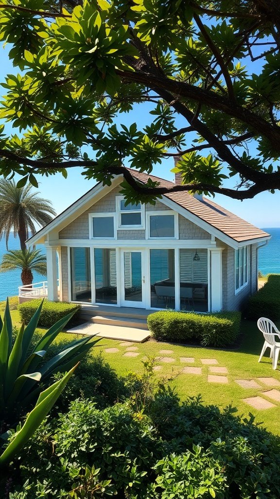 Coastal retreat with large windows, surrounded by greenery and ocean views.