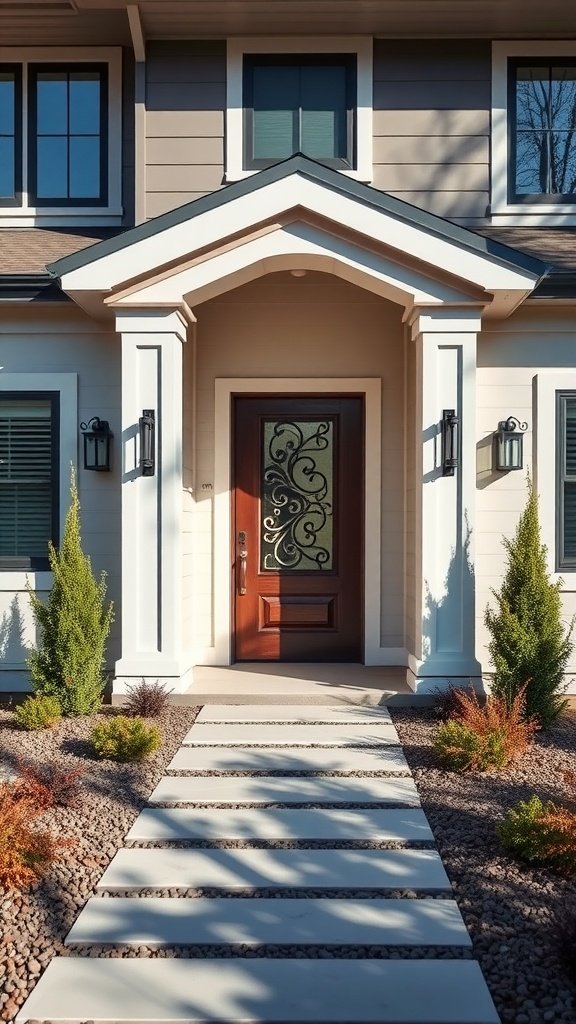 Modern home entryway with a decorative door and landscaped path