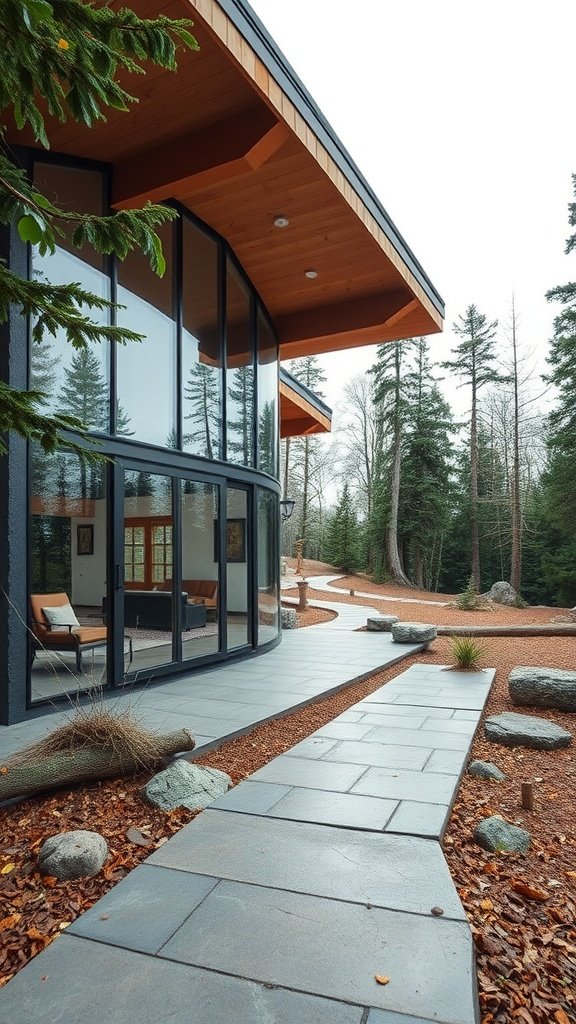A modern glass-walled cabin nestled in a forest, featuring a stone pathway and surrounded by trees.