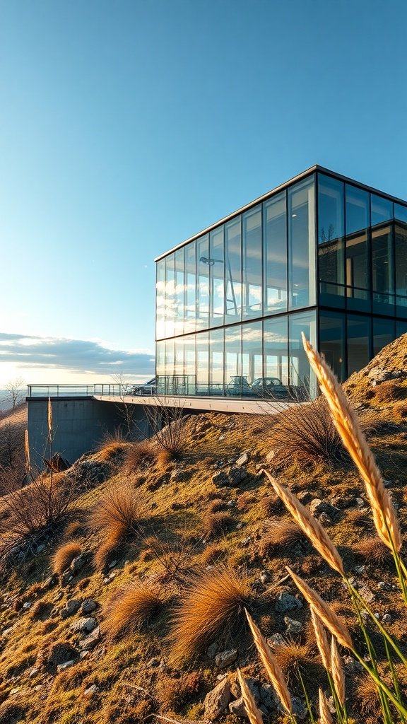 A modern glass facade house situated on a steep hillside, surrounded by natural grass and rocks under a clear blue sky.
