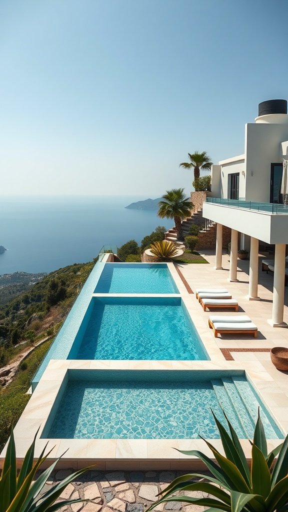 A luxurious hilltop villa with an infinity pool overlooking a vast ocean view.