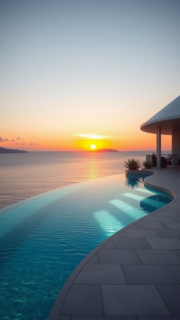An infinity pool overlooking the ocean at sunset.