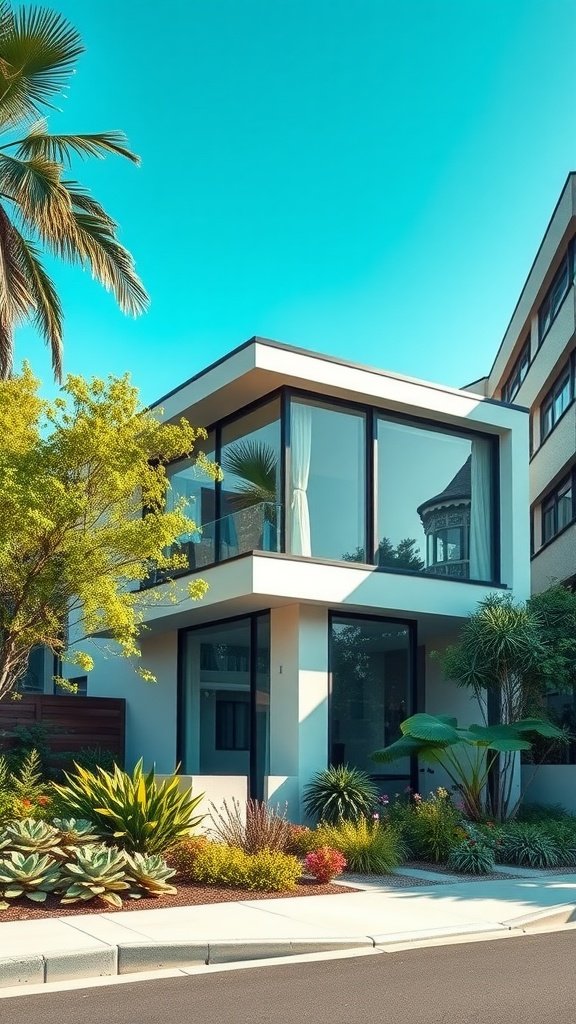 A modern house with large glass windows and lush landscaping in an urban setting.