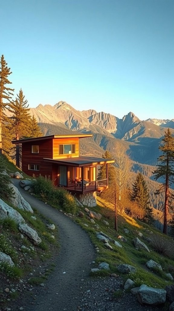 A modern cabin with mountain views during sunset, surrounded by trees and a path.
