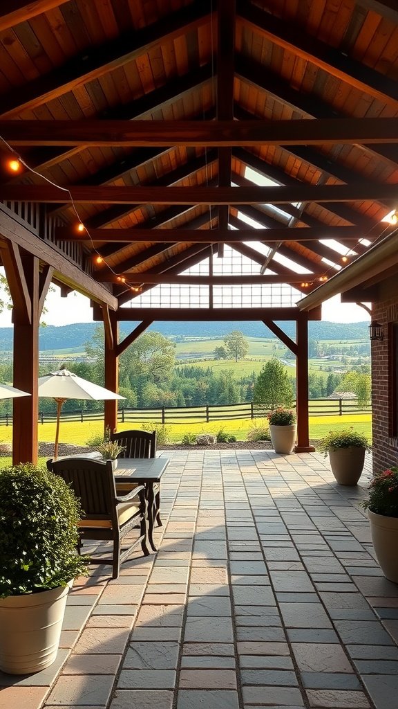 A charming outdoor patio area showcasing wooden beams and a beautiful view of rolling hills.