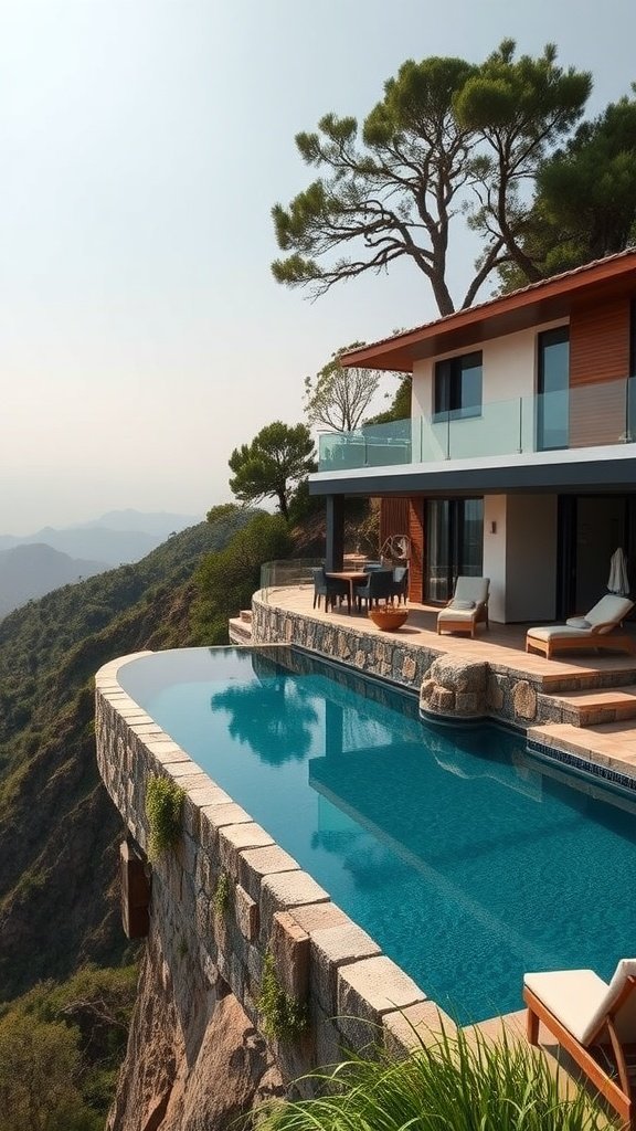 Infinity pool on a hillside house overlooking a valley