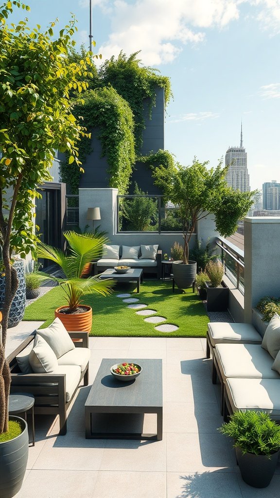 Rooftop garden with seating areas, greenery, and city skyline view