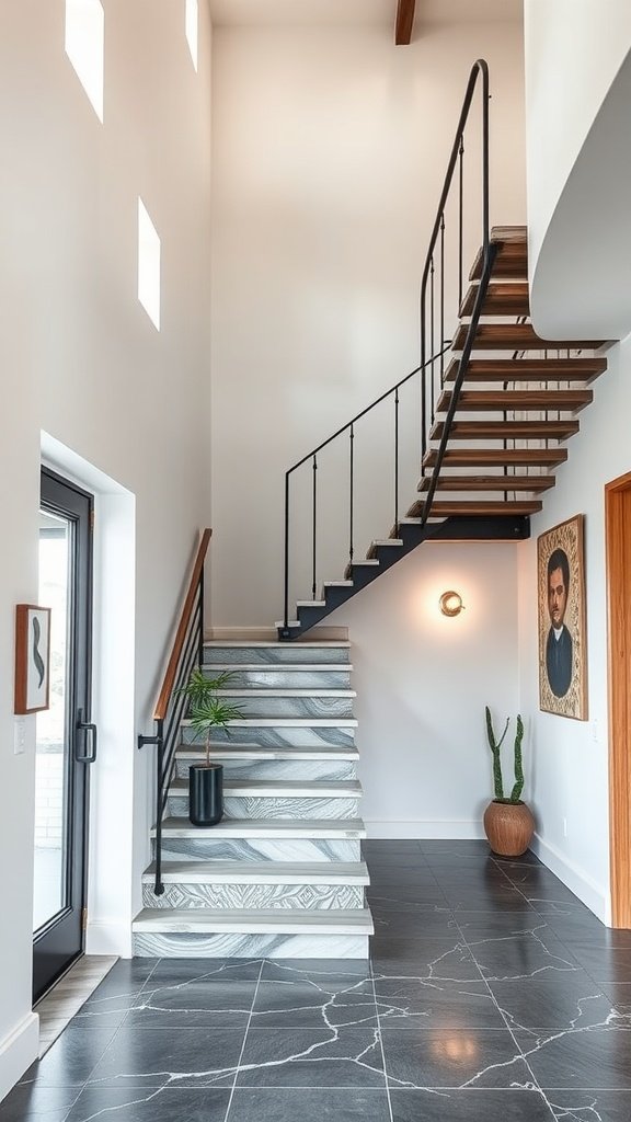 A modern staircase design featuring wooden steps with marble accents, black railing, and stylish decor.