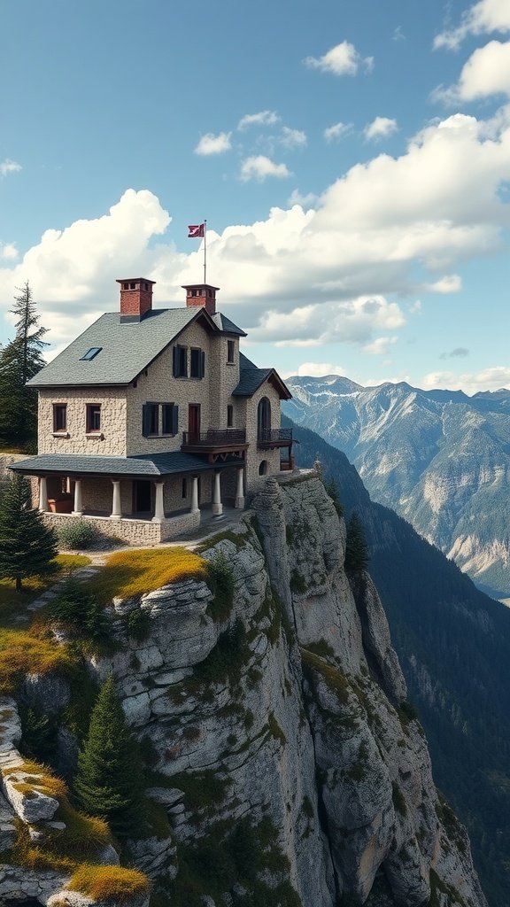Stone house on a cliff with mountain views
