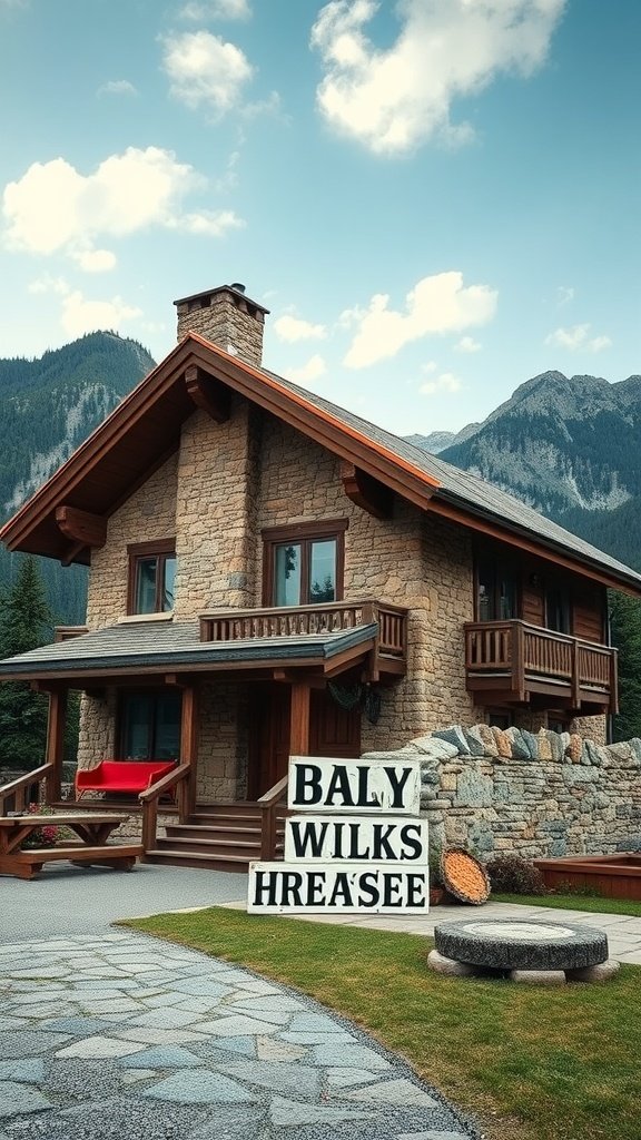 A cozy stone cabin set against a mountain backdrop with a welcoming porch and vibrant red chair.