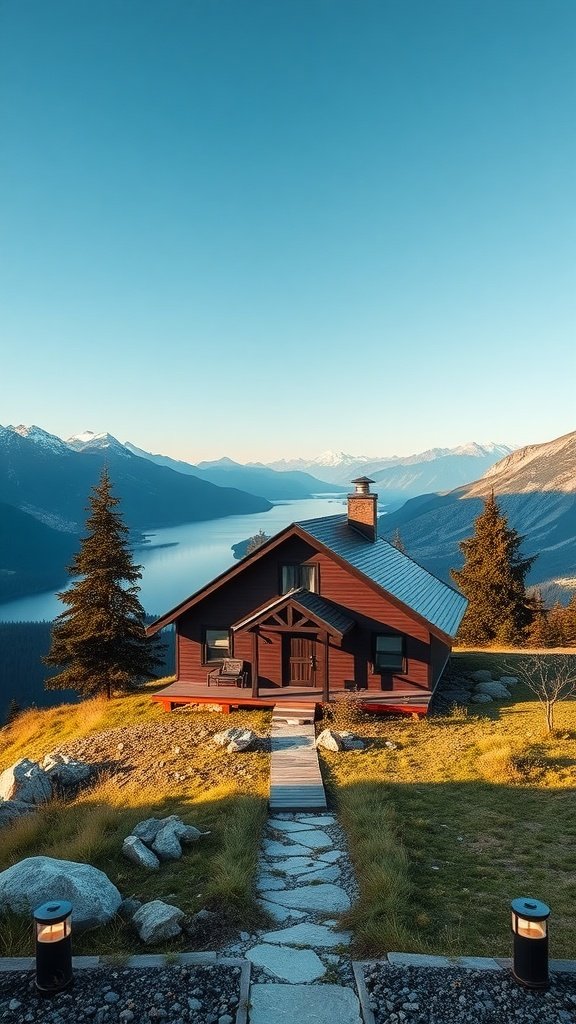 A charming red cottage surrounded by mountains, with a pathway leading to it and a lake visible in the background.