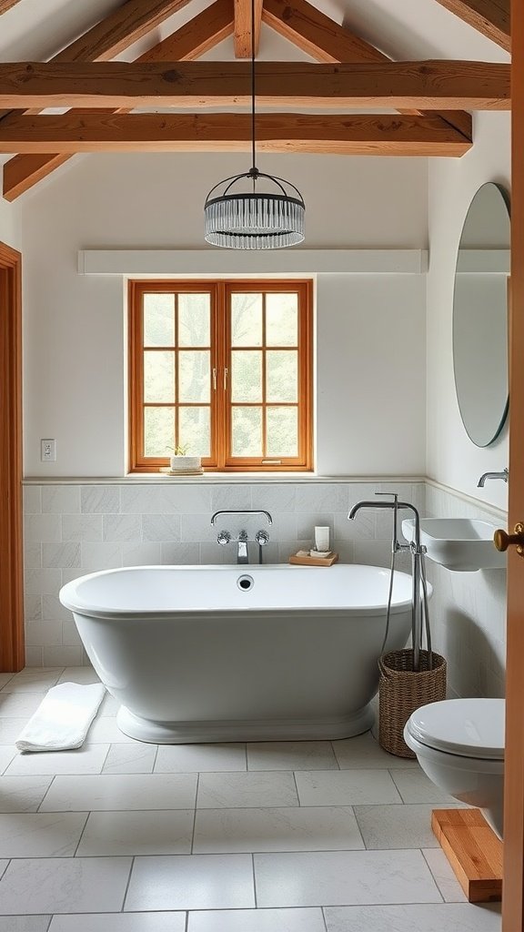 A stylish bathroom with a freestanding tub, wooden beams, and natural light from windows.