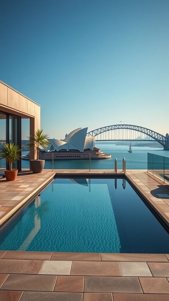 Penthouse pool with a view of the Sydney Opera House and Harbour Bridge